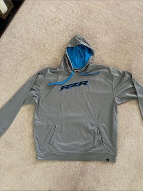 Hooded Pullover Sweatshirt in Gray with Blue Accents